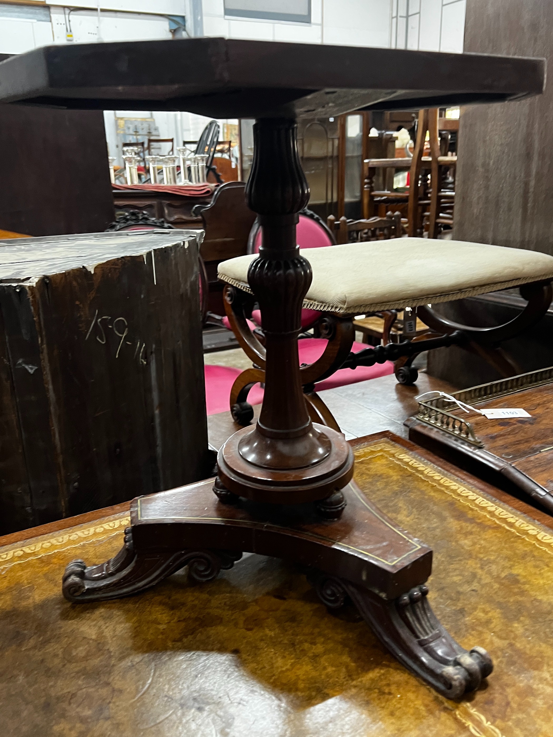 A pair of Regency style brass inlaid rosewood octagonal topped wine tables, width 43cm, depth 33cm, height 49cm